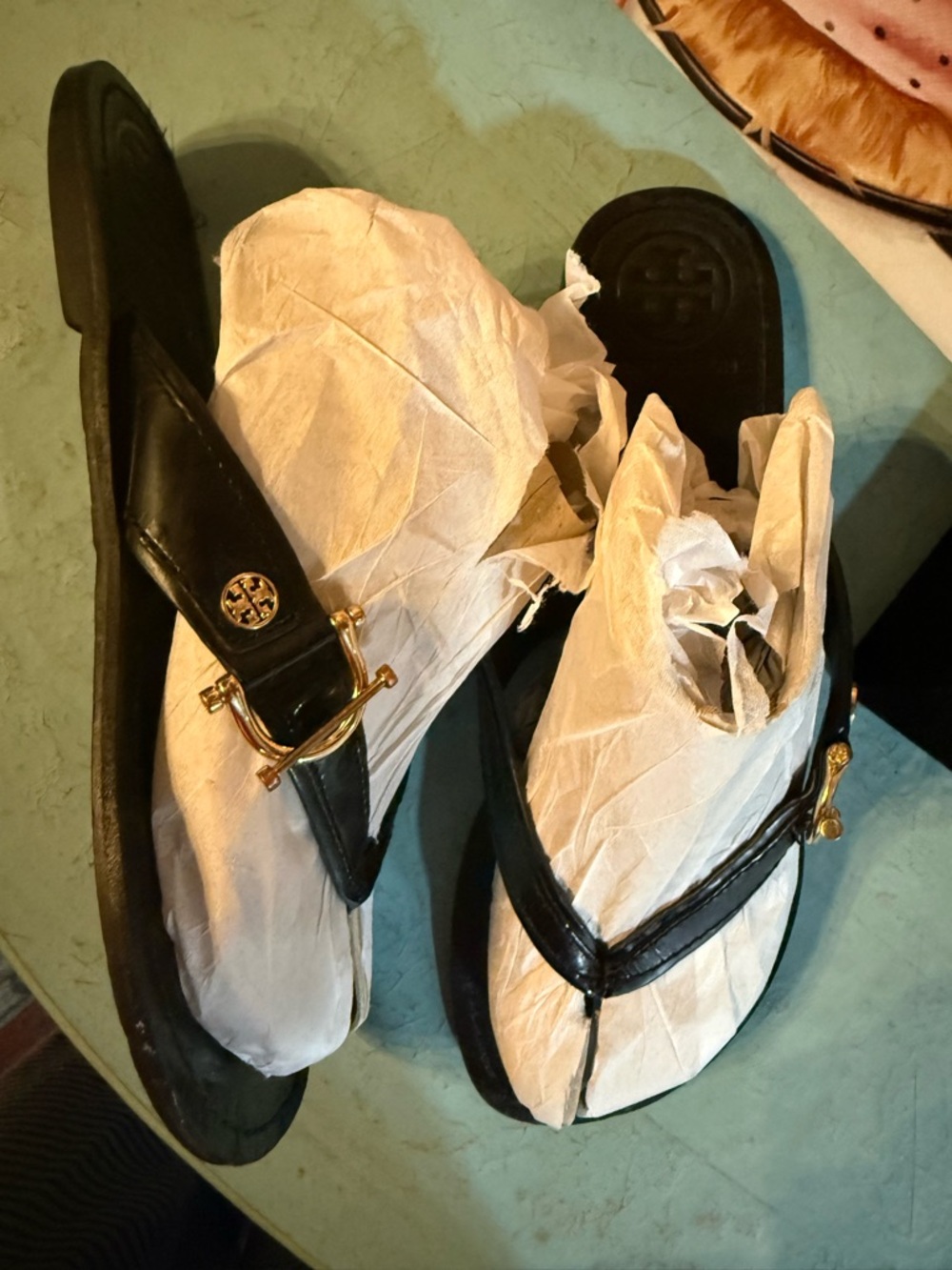 Tory Burch Black Leather Thong Sandals with Gold Accents